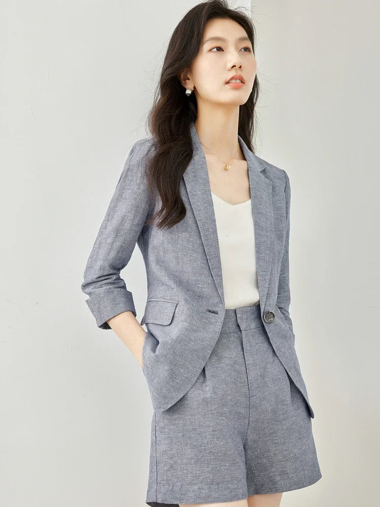2-Piece Gray Linen Blazer Shorts Set