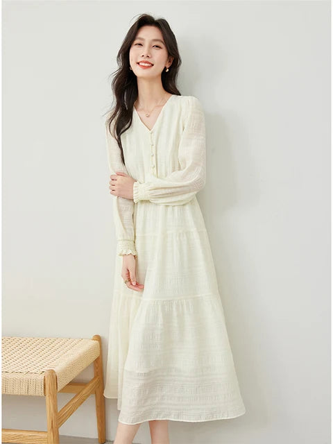 Apricot V-Neck Puff Sleeve Midi Dress