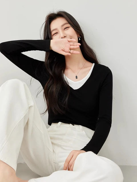 Vimly V-neck Spliced Slim Pullover