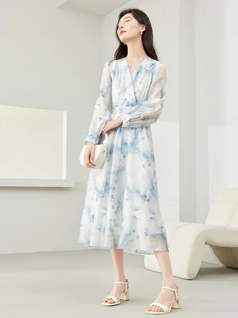 Lyocell V-Neck Puff Sleeve Midi Dress