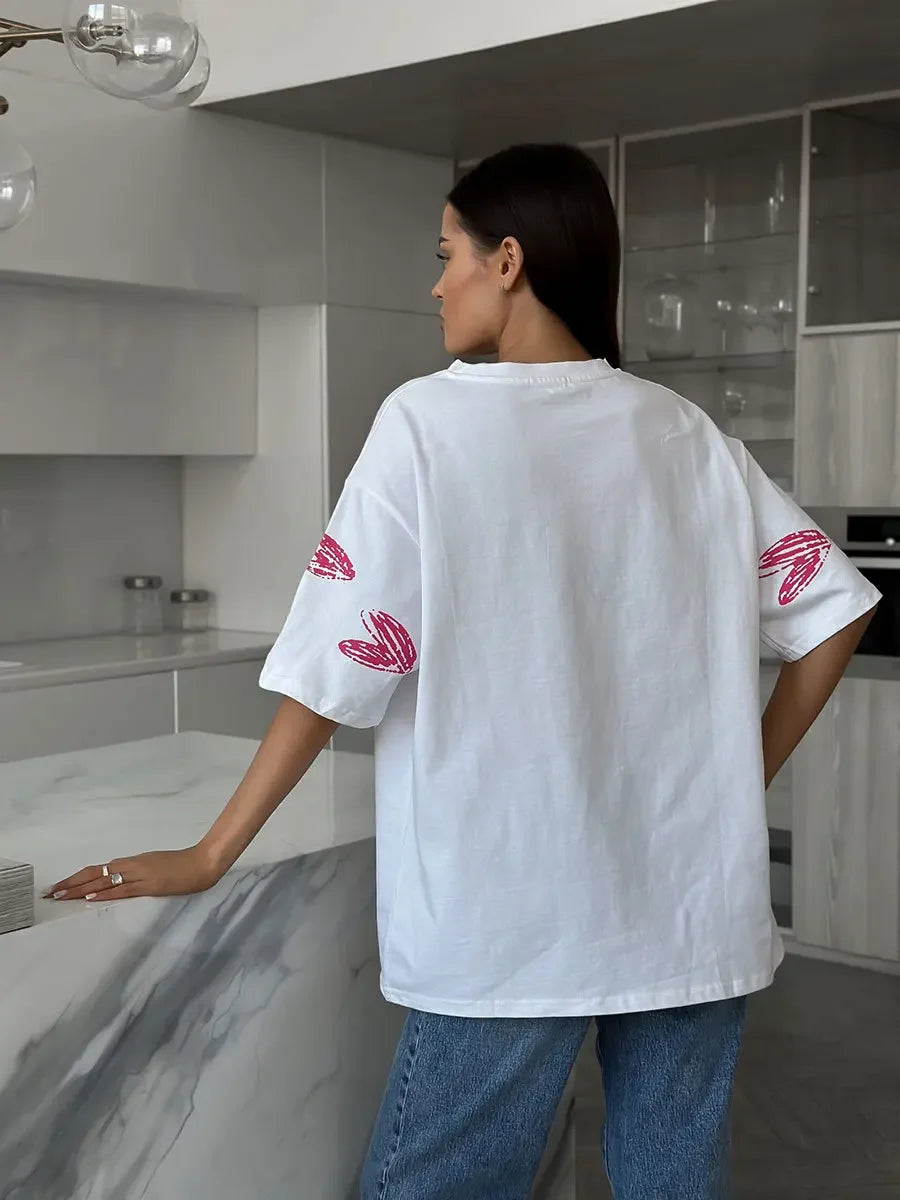 Heart Print Casual Cotton Women's T-Shirt