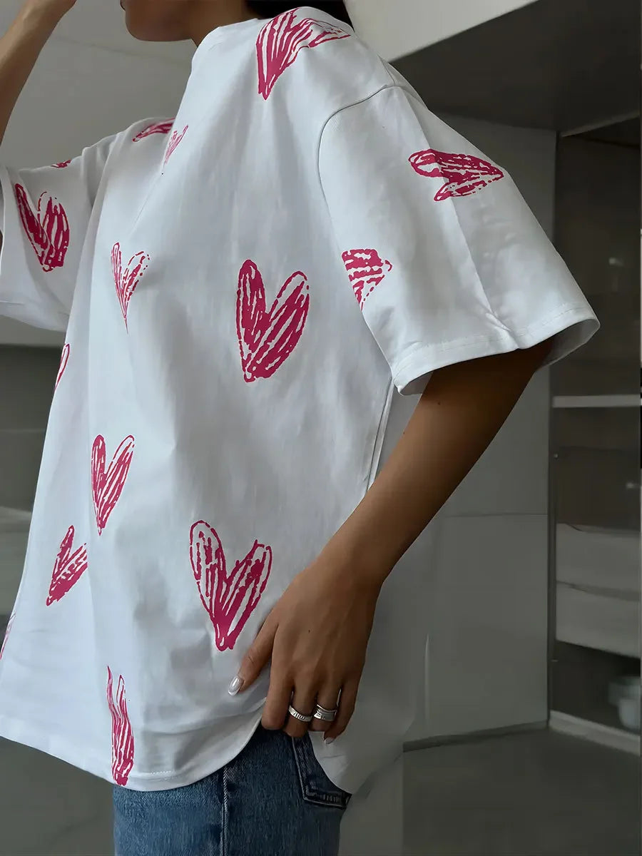 Heart Print Casual Cotton Women's T-Shirt