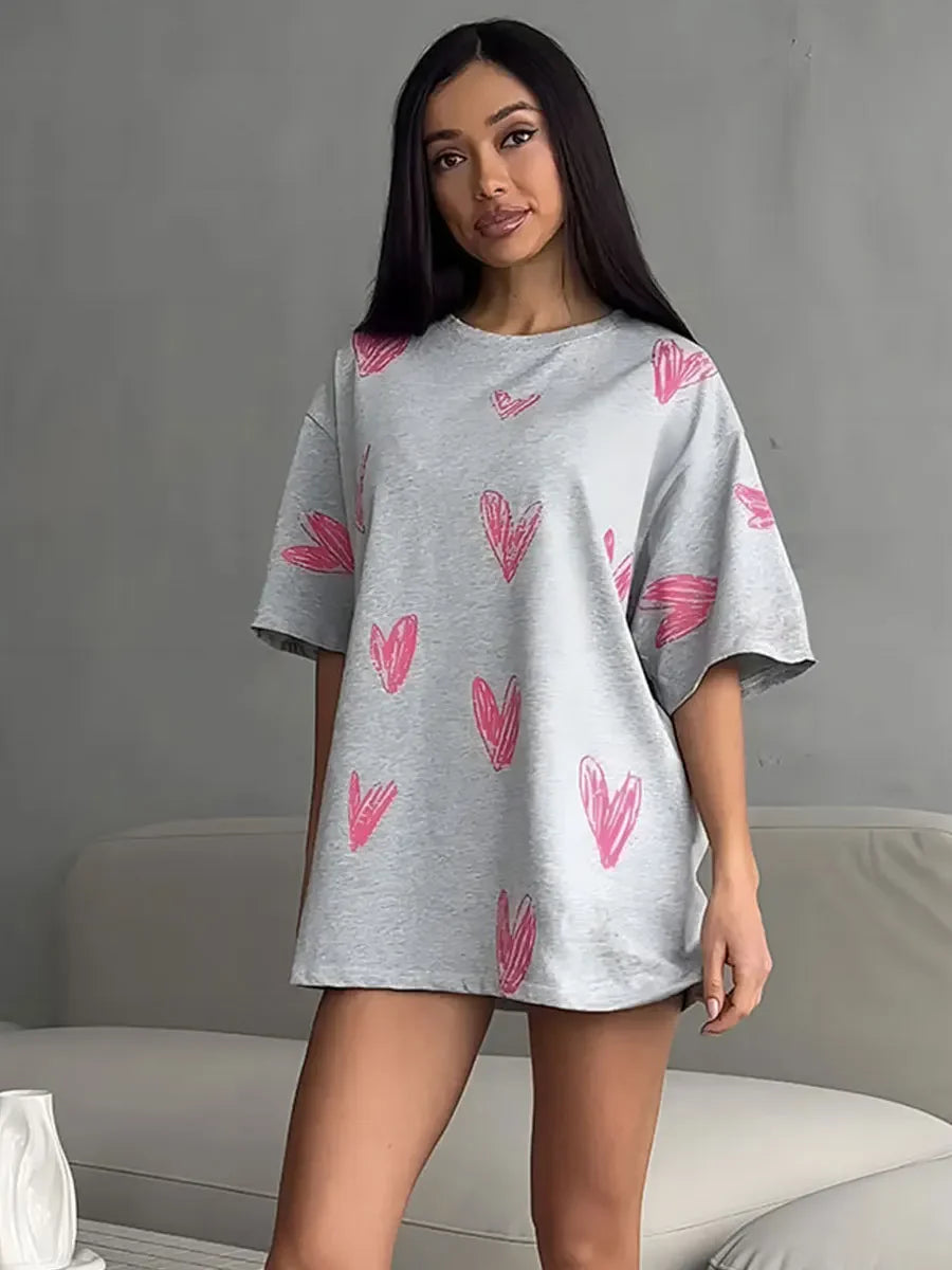 Heart Print Casual Cotton Women's T-Shirt