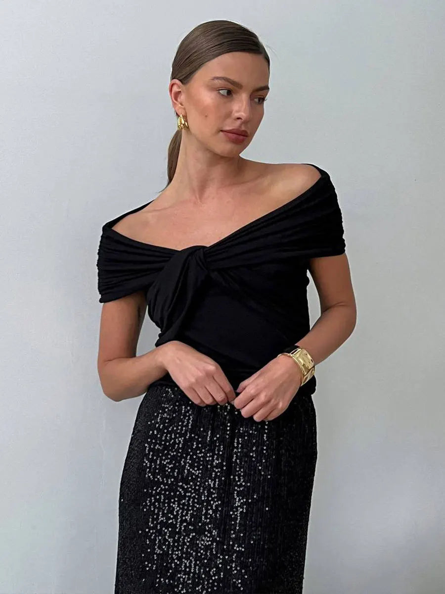 Wolfeel Off-Shoulder Bodycon Crop Tee